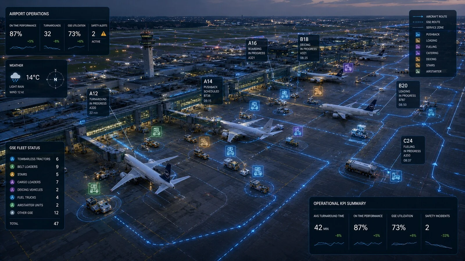 Airport operations dashboard with live KPIs, fleet status and GSE routing
