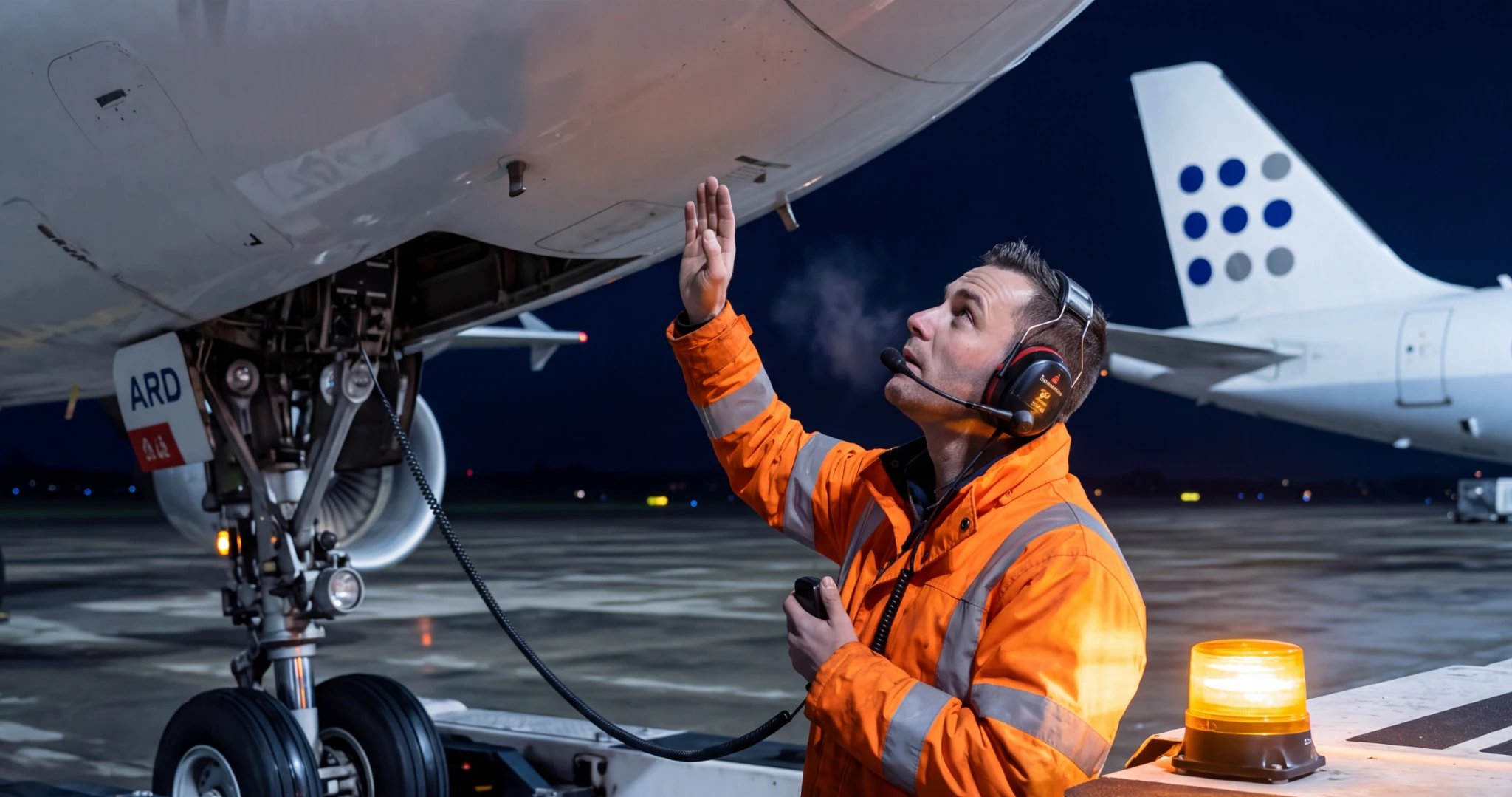 Agent de piste au casque faisant un signal sous un avion